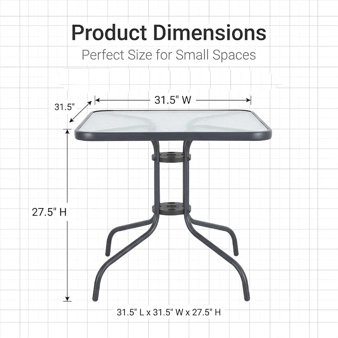31.5" Outdoor Glass Patio Table, Square Tempered Glass Top with Metal Frame, Bistro Dining Table for Balcony, Garden, Patio, Assembly Required