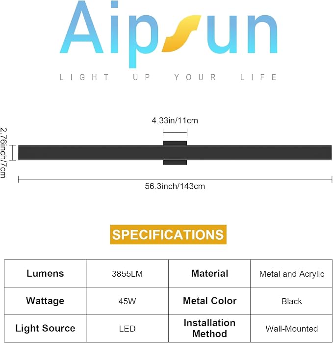 Aipsun 2 Packs Outdoor Wall Sconce, 3000K 4000K 6000K, 56.3in Modern Black Exterior Light, Long LED Linear Wall Light Outside Lighting for Entrance, Hallway, Garage, Porch(3CCT)