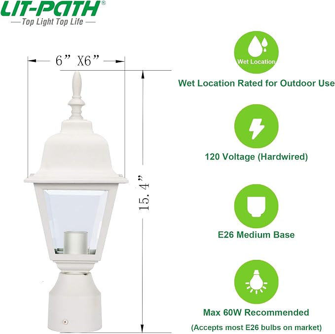 Outdoor Post Light, Rustproof Aluminum Pole Lamp, White | Exterior Lamp Post Light Fixture for Garden, Yard, Pathway, Waterproof, Glass, E26 Base, Max 60W, 2 Pack