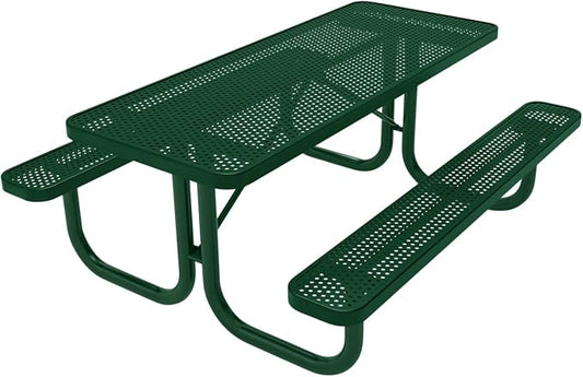 COATEDOUTDOORFURNITURE Heavy-Duty Portable Outdoor Picnic Table, Thermoplastic Coated Punched Steel Commercial-Grade Patio Furniture Made in America (6ft Rectangular, Green with Green Frames)