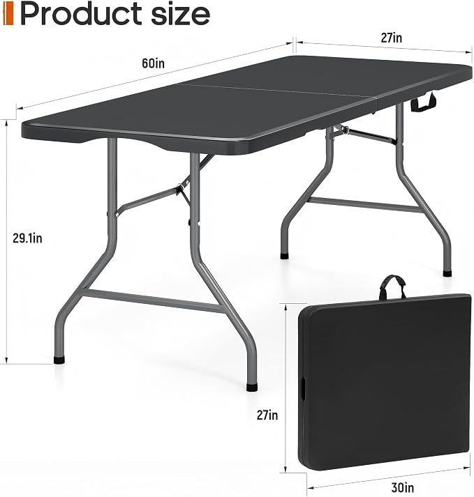 Fenbeli 5FT Folding Table, 350 LBS Heavy Duty with 18% Thicker HDPE Waterproof Top, Fold in Half Portable Table with Handle, Steel Frame for Indoor Outdoor Party, Picnic & Events