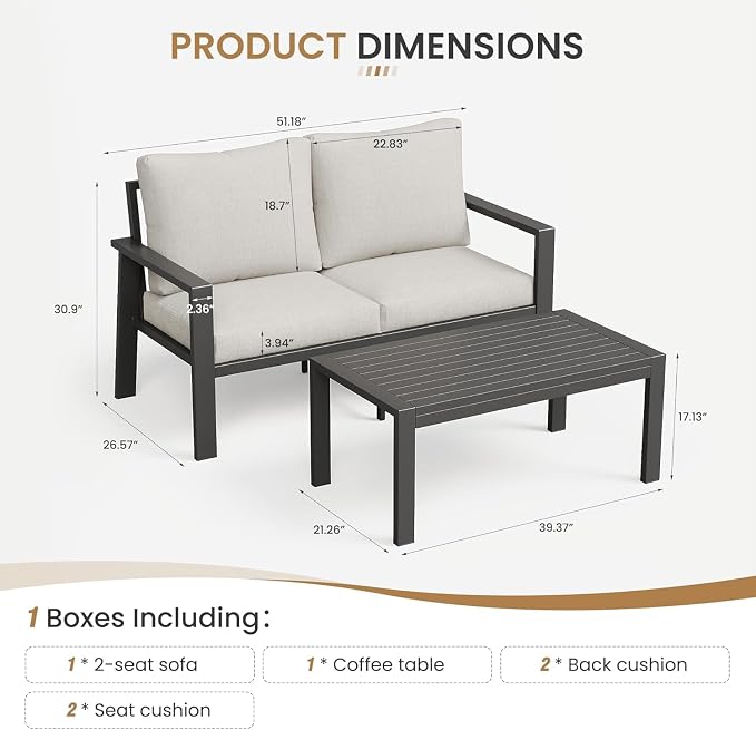 Outdoor Loveseat with Coffee Table Small Furniture Aluminum Patio Love Seat Couch Outdoor Chairs with 4" Cushion Loveseats Sofa for Poolside,Balcony,Deck,Yard