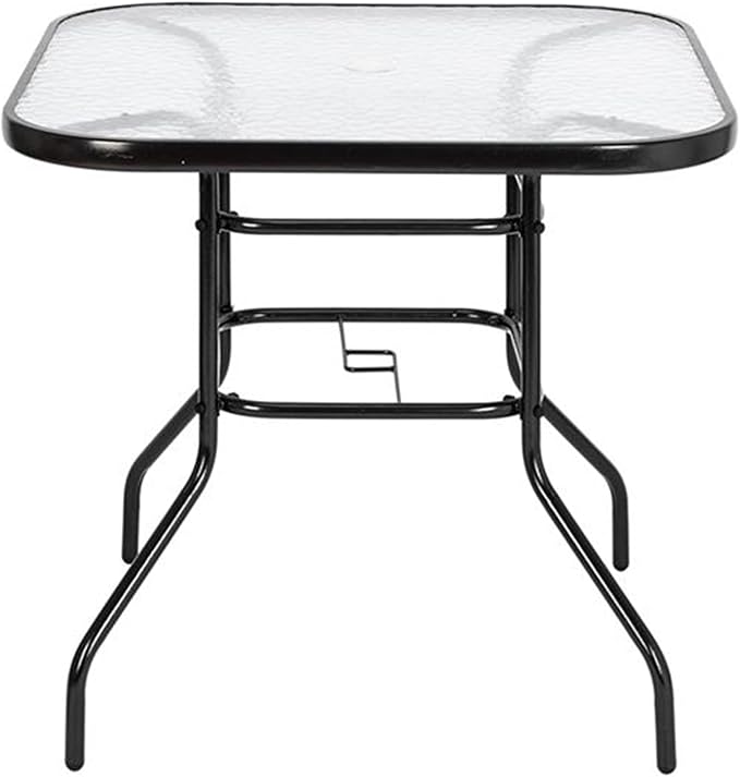 31.5" Square Outdoor Dining Table, Toughened Glass Patio Table with Umbrella Hole for Yard and Garden