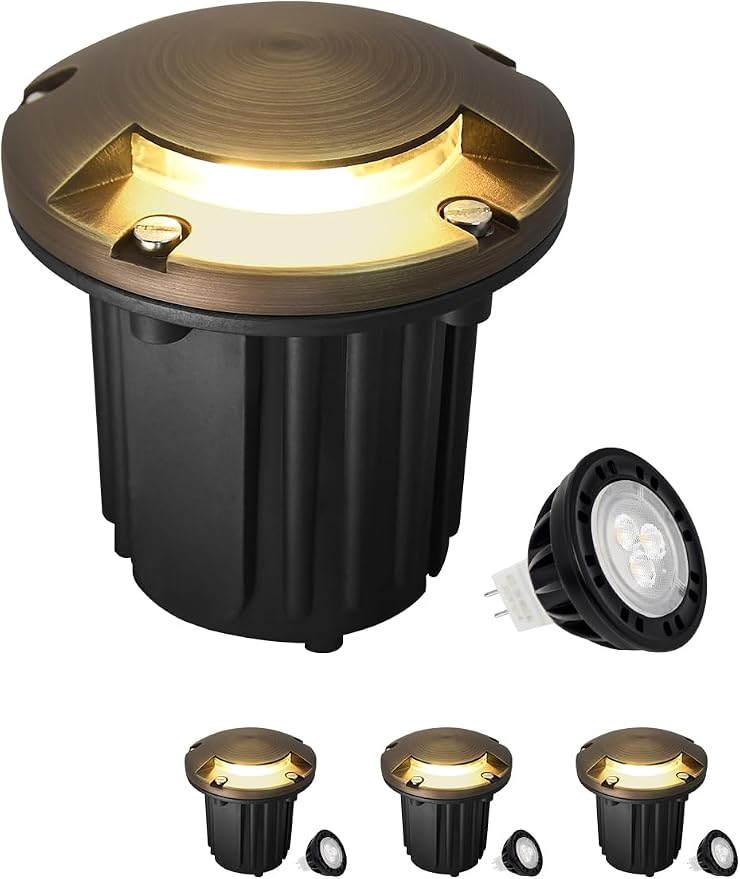 MALORY Brass Top Cover Landscape Well Lights,(5‘’H) 12V Low Voltage Outdoor In Ground Lights,Landscape Lighting for Pathway, Driveway and Garden (One-Direction Turret, 4-Pack with Bulb)