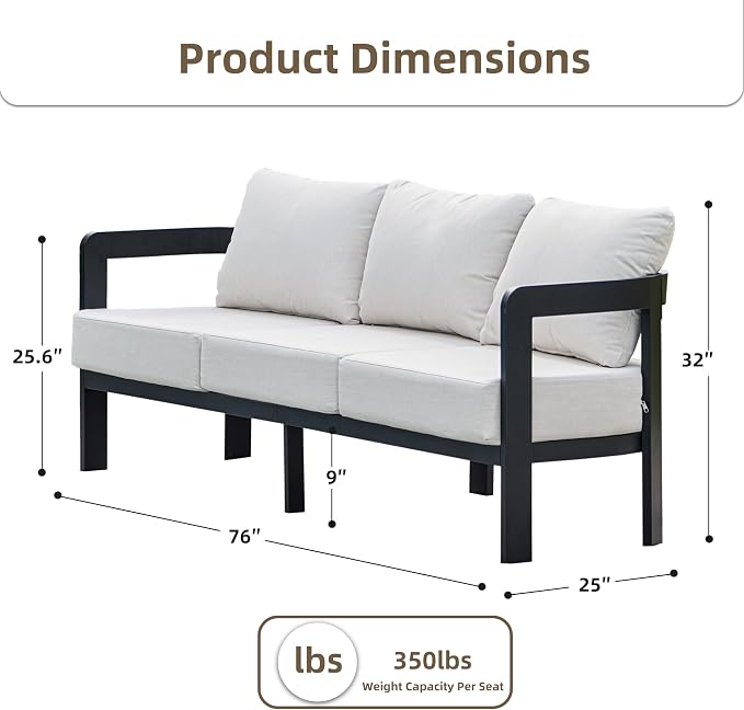 Outdoor Patio Sofa, 3-Seat All-Weather Metal Modern Couch with Washable Thick Cushion for Garden/Backyard/Porch, White