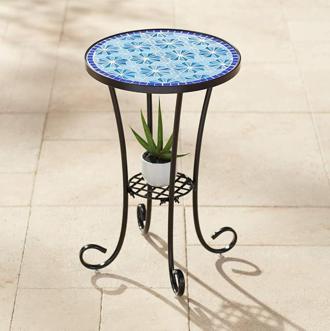 Teal Island Designs Blue Star Modern Black Metal Round Outdoor Accent Side Table 14" Wide with Lower Shelf Mosaic Tabletop Gracefully Curved Legs for Porch Patio Home House Balcony Spaces Deck