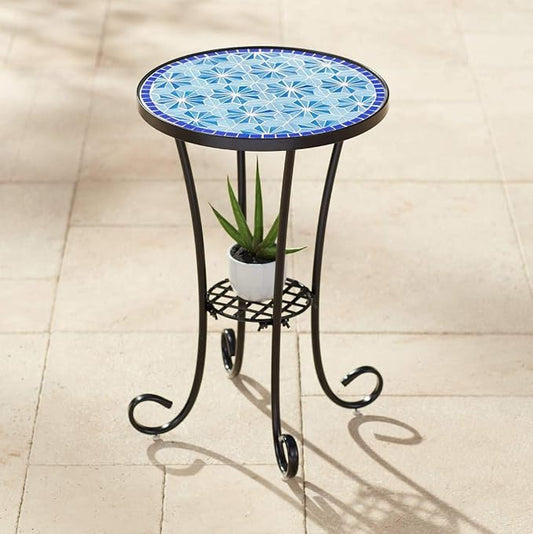 Teal Island Designs Blue Star Modern Black Metal Round Outdoor Accent Side Table 14" Wide with Lower Shelf Mosaic Tabletop Gracefully Curved Legs for Porch Patio Home House Balcony Spaces Deck