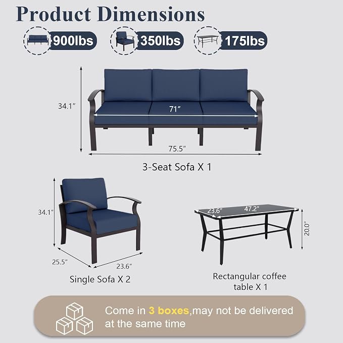 ALAULM Aluminum Patio Furniture Set with Coffee Table Rectangular，5-seat Outdoor Sectional Furniture w/5.1" Cushions，Patio Conversation Set for Porch, Backyard, Poolside-Dark Blue