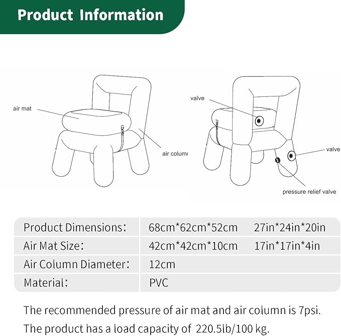 PlayDo Air Chair and Table Portable Blow Up Picnic Table Inflatable Camp Seats with Back Durable Camping Outdoor Furniture Lightweight Waterproof Stool Emergency Toilet Camping Potty, Two Chairs