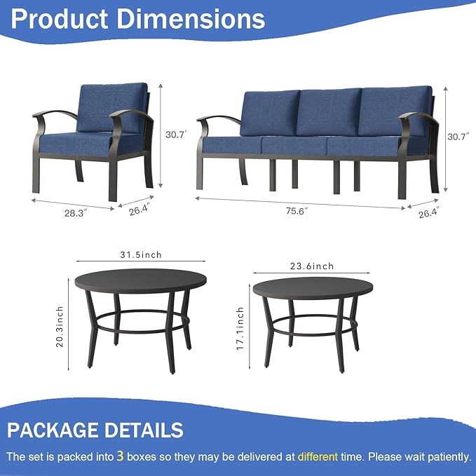 Aluminum Outdoor Patio Furniture Set,5 Seats Patio Conversation Sets with 2 Round Coffee Tables,Metal Patio Sectional Furniture Set with 5.1" Thickened Cushions,Navy Blue