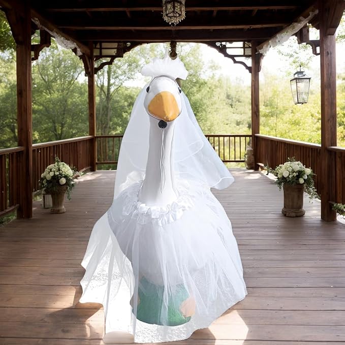 Wedding Porch Goose Outfits, Princess Themed Costume with Crown, Tiara, Veil & Tutu Skirt – Fits 17''/23'' Lawn Goose, White Lawn Decor for Garden & Wedding Events