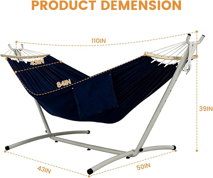 LazyDaze Hammocks Double Hammock with Stand - 2 Person Heavy Duty Outdoor Hammock for Adults, Includes Durable Steel Stand, Portable Carrying Bag and Pillow, Navy Blue