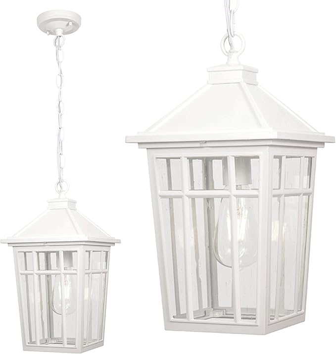 Darkaway Large Outdoor Pendant Light Fixture, 16inch Outdoor Hanging Light Porch Lights Fixtures Waterproof Aluminum with Seeded Glass for Entryway Doorway Farmhouse Patio Courtyard (White，Large)