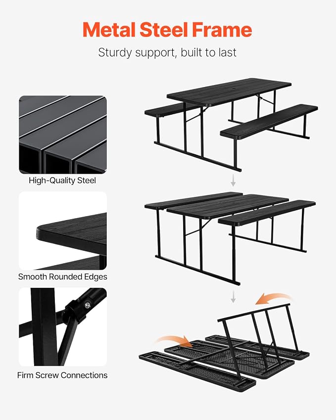 VEVOR Foldable Picnic Table, 6 FT Folding Picnic Tables with Benches, Steel Outdoor Bench Set with Umbrella Hole, Large Outside Dining Table for Patio Garden Yard Poolside (Black)