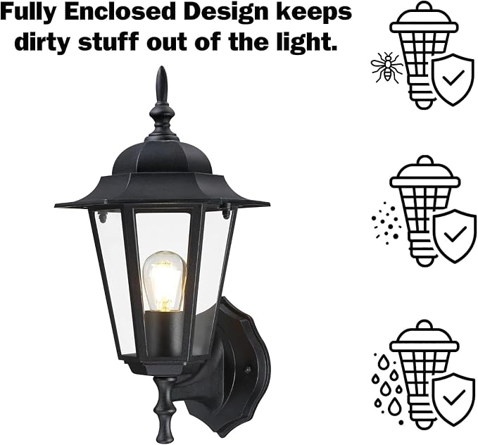 GRUENLICH Outdoor Wall Light Fixture, Rustproof Aluminum, Glass | Exterior Porch Light Wall Sconce Lantern for House, Patio, Garage, Waterproof, E26 Socket 60W Max, Black, 1 Pack