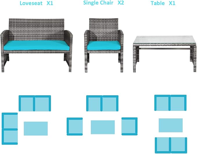 Outdoor Conversation Set, 4 Pieces Wicker Patio Furniture Set with Ergonomic Curved Design, Patio Chair Set with Water-resistant Cushion & Tempered Glass Table for Porch,Balcony(Turquoise)