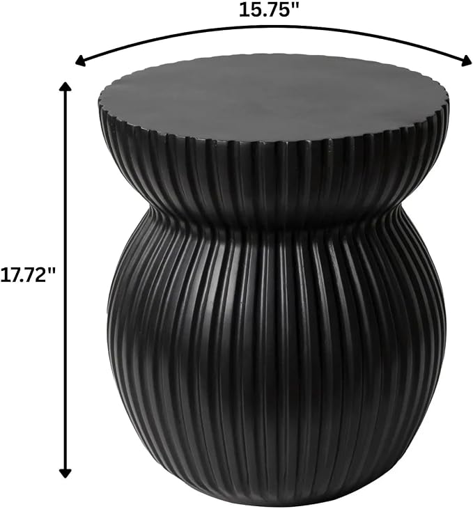 Mander Series Fiberstone Modern Side Table – Ribbed Hourglass Accent End Table for Indoor or Outdoor Use, Living Room, Bedroom, Patio - Black