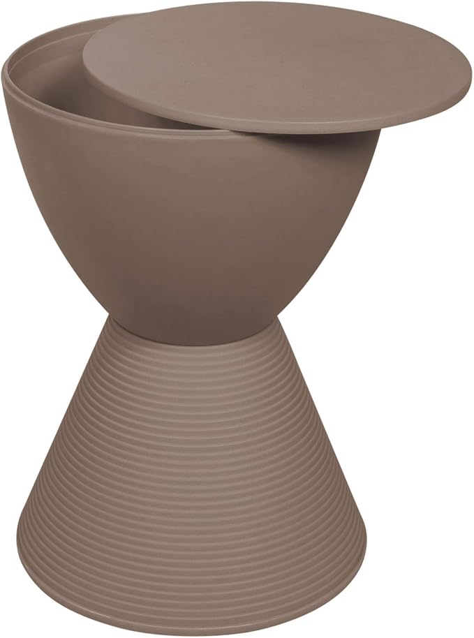 LeisureMod Modern Hourglass Taupe Side Table - ABS Shell Drum End Table with Storage for Indoor & Outdoor Use