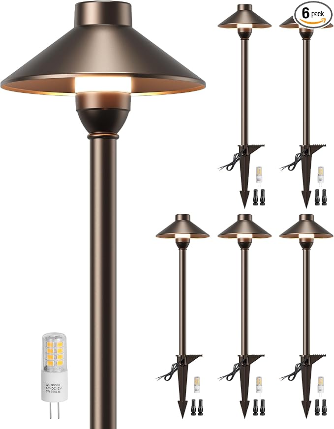 PARTPHONER Low Voltage Landscape Lighting 6-Pack, Aluminum 12V Pathway Lights with G4 Bulbs, Waterproof Oil Rubbed Bronze Color Wired Path Lights with Connectors for Walkway Yard Garden
