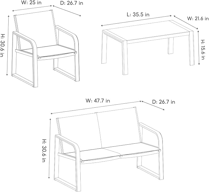 Aluminum Outdoor Patio Conversation Set, 4 Pieces Patio Furniture Sets with Breathable Textilene with Loveseat,Table and Chairs for Yard,Balcony,Grey