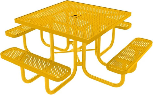 COATEDOUTDOORFURNITURE Heavy-Duty Portable Outdoor Picnic Table with Umbrella Hole, Punched Steel Commercial-Grade Patio Furniture Made in America (46" Square Top, Yellow with Yellow Frames)