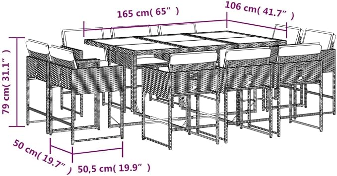 11 Piece Garden Dining Set with Cushions Grey Poly Rattan Outdoor Patio Table and 10 Folding Chairs Tempered Glass Top UV Resistant for Backyard Relaxation 110 kg Load Capacity
