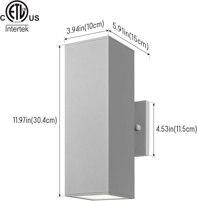 mirrea 12" Modern Outdoor Porch Light in 2 Lights, Matte Gray, 2 Pack | Patio wall sconce, aluminum rectangular tube, tempered glass, waterproof. Up & down lighting for outdoor wall mount fixture.