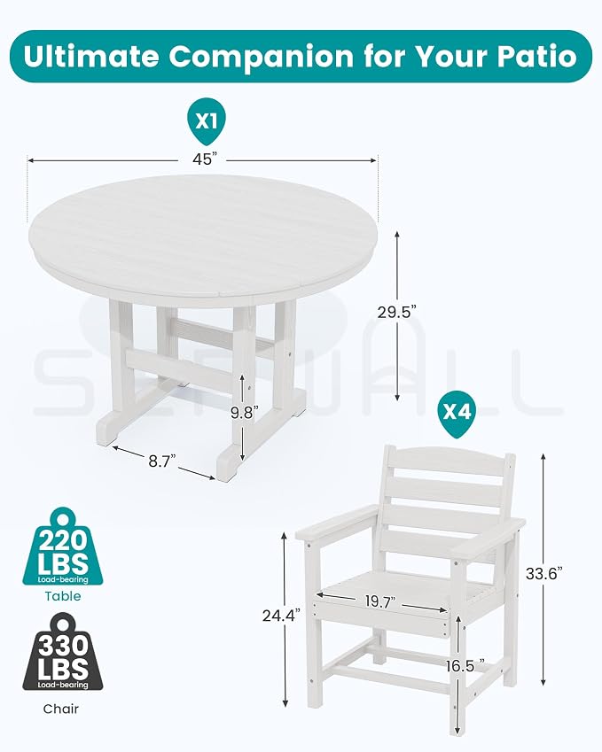 SERWALL 5-Piece Patio Dining Sets, HDPE Outdoor Table and Chairs Furniture Set, 45" Round Dining Table and 4 Dining Chairs, White