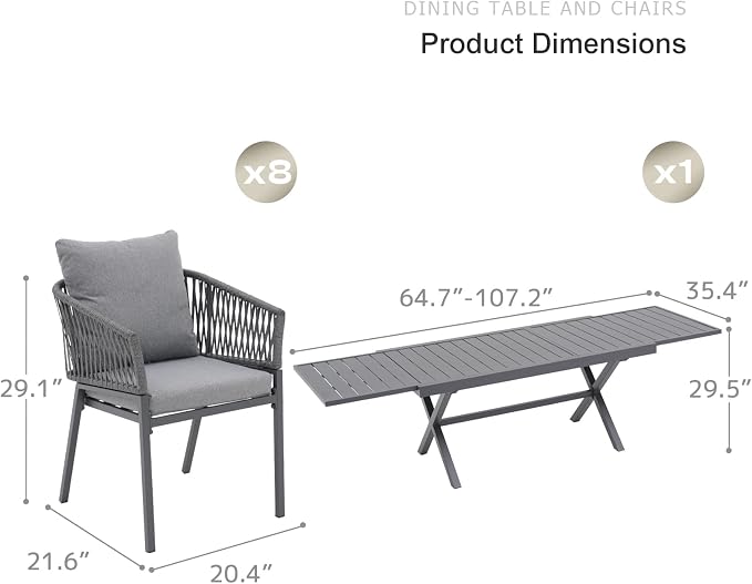 SUNSITT 9 Piece Outdoor Patio Dining Set, 65" - 107" Metal Expandable Outdoor Dining Table with X-Shape Legs, 8 Woven Rope Outdoor Patio Chairs w/Curved Armrest for Garden, Dark Grey
