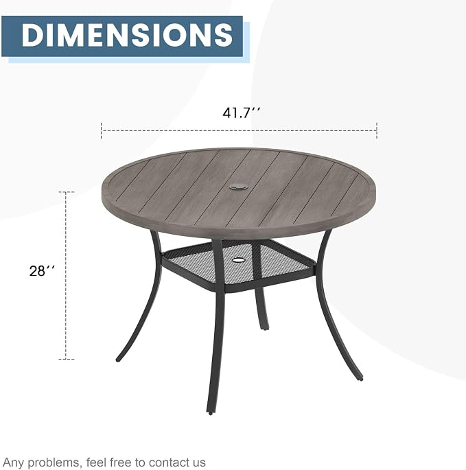 DIFY Patio Round Dining Table, 42" All Weather Round Outdoor Table with 1.57" Umbrella Hole for 4 Person, Perfect for Balcony Garden and Backyard, Grey Wood-Like