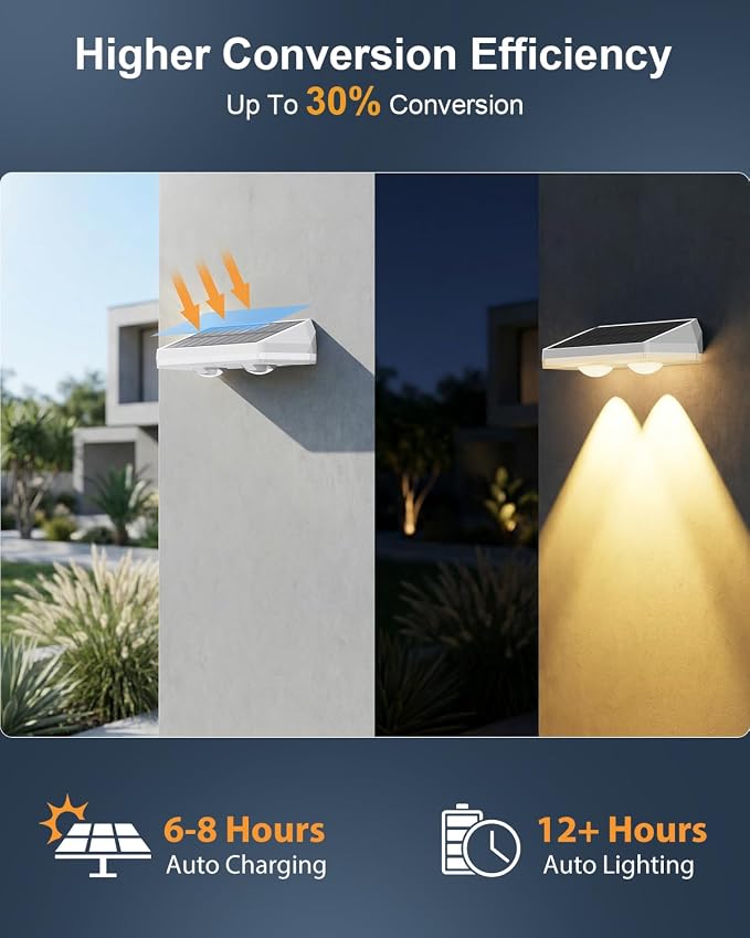 Solar Fence Lights Outdoor ,3000/4500/6000K 13 Mode, 8 Pack Fence Lights Solar Powered with Ultra-Bright Lens IP65 Waterproof,Solar Wall Light for Backyard/Step/Patio/Deck/Stair/Railings(White)