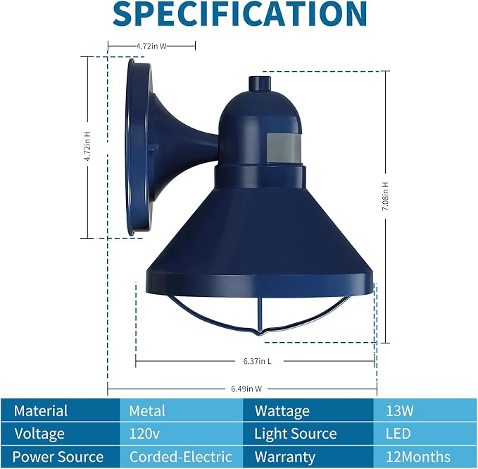 Motion Sensor Outdoor LED Wall Sconce Dusk to Dawn Exterior Barn Lighting | Blue Outside Porch Light Fixture Waterproof Farmhouse Wall Mount Lamp for House Garage Entryway
