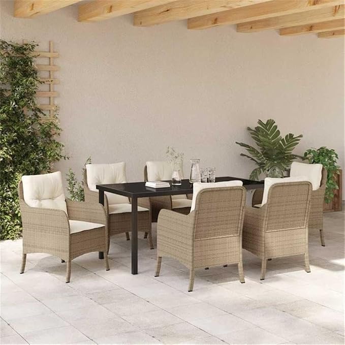 Afuera Living 7-Piece Patio Dining Set, Poly Rattan with Cushions, Beige Finish, Tempered Glass Table, Modern Outdoor Furniture for Garden, Terrace, or Backyard Seating, UV-Resistant Durable Design