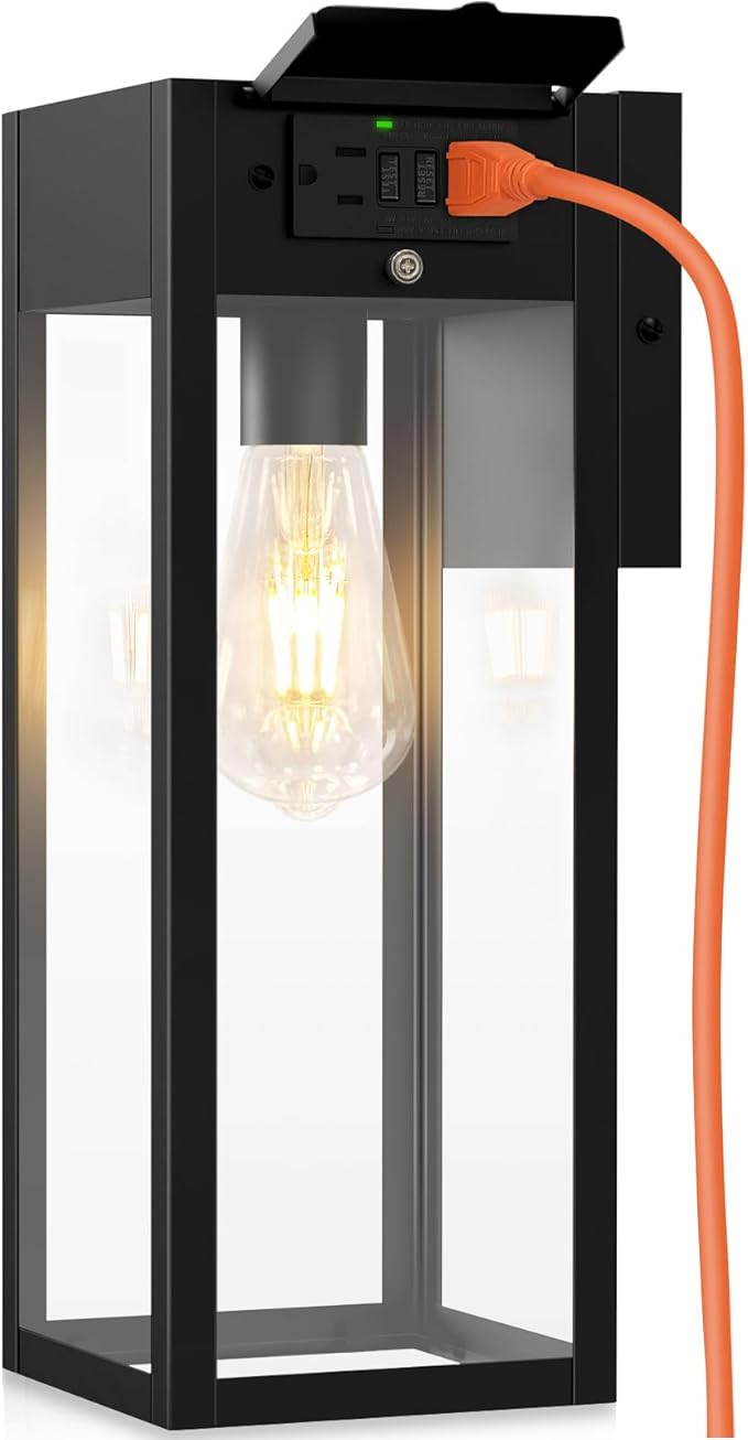 Large Porch Light with GFCI Outlet, 15 Inch Outdoor Light with Outlet Built-in, Waterproof Exterior Light Fixtures Wall Mount, Outside Lights for House Front Door Garage
