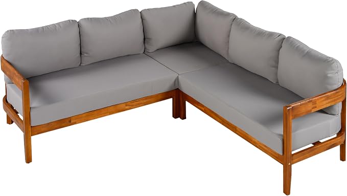 VilroCaz Outdoor Patio Furniture Set, L-Shaped Acacia Wood Sectional Sofa with 6 Soft Seat Cushions and Backpack, All-Weather Conversation Set with Arc Frame for Garden Backyard Porch (Grey-3.19)