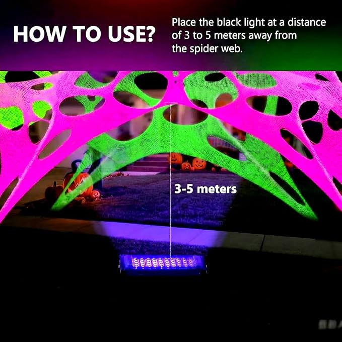 Glow in the dark 1300 Sqft 5 colors Uncut Giant Spider Web Cowebs Halloween Decorations Outdoor with 1 Black Light &10 Ground Nails Stretchy Beef Cloth Netting DIY Flexible for Yard Party Decor