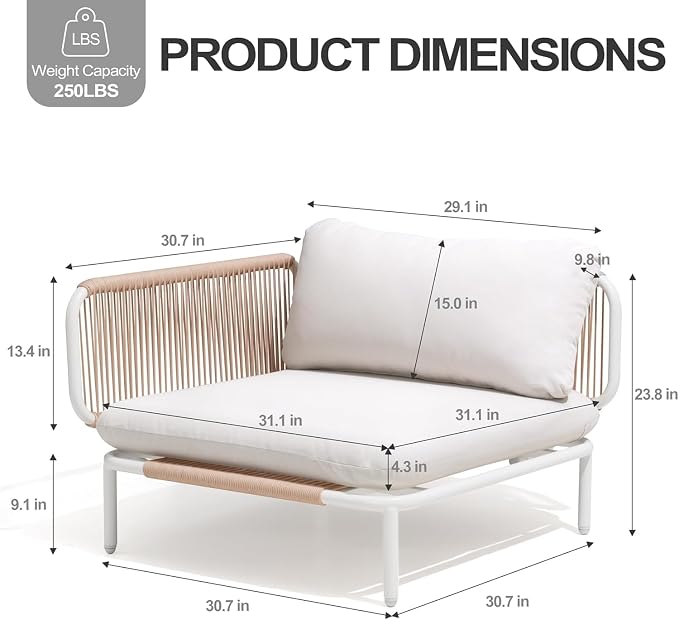 8 Piece Modern Outdoor Sectional Sofa, 31" Oversized Patio Furniture Set with Olefin Woven Rope, Weather-Resistant Metal Frame and Removable Cushion, Beige