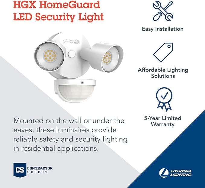 Lithonia Lighting HomeGuard 2-Light LED Outdoor Flood Lights, Motion Sensor | White Motion Sensor Outdoor Lights with Dusk to Dawn, 4000K Cool White, Round Heads (HGX LED 2RH 40K 120 MO WH M2)