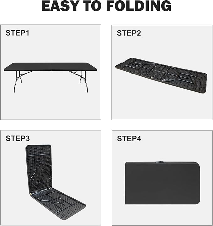 Anwick 8 Foot Folding Table Portable Fold-in-Half Plastic Picnic Table w/Handle and Steel Legs for Indoor, Outdoor, Camping, Party, Garden (Black New, 8ft)
