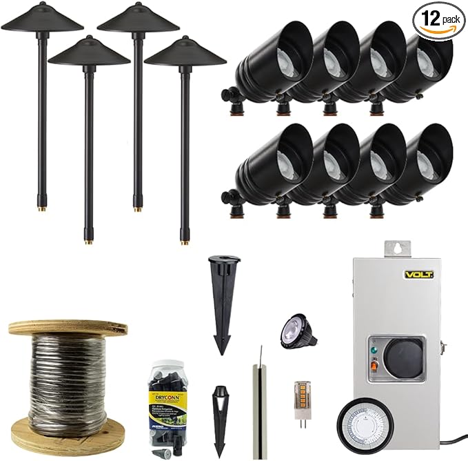 VOLT 12V LED Landscape Lighting Kit (8 Spotlights, 4 Path Lights), Black | Solid Brass, 150W Low Voltage Transformer Included, Ideal for House Yard Outdoor Pathway Walkway Garden Driveway or Patio