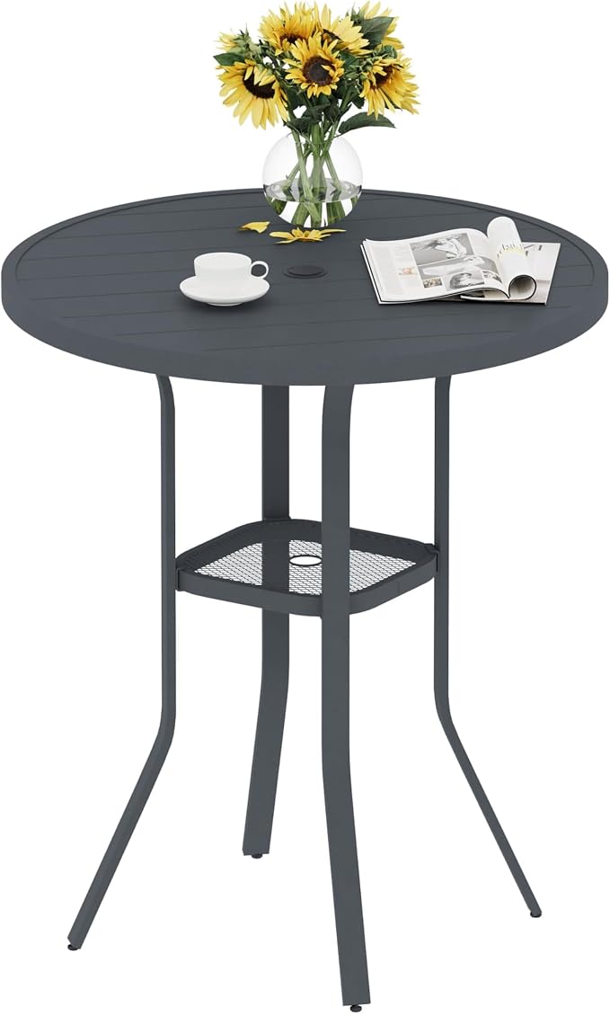VICLLAX Patio Bar Height Table, Outdoor Round Bar Table with Umbrella Hole for Balcony, Porch, Deck, 37" Dark Grey