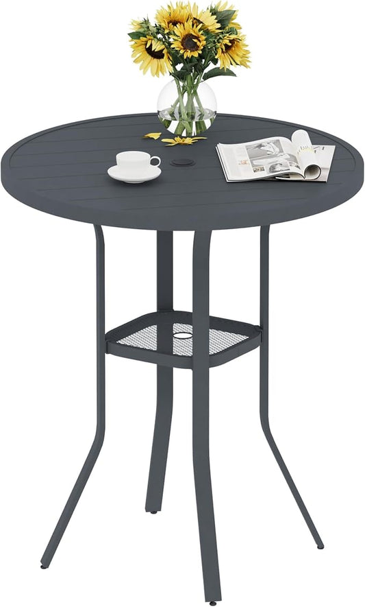 VICLLAX Patio Bar Height Table, Outdoor Round Bar Table with Umbrella Hole for Balcony, Porch, Deck, 37" Dark Grey