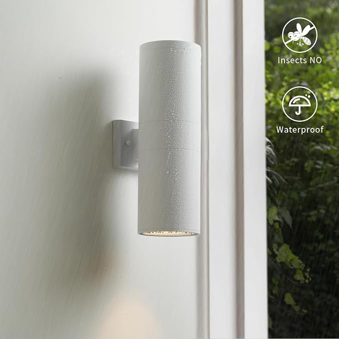 mirrea 18" Modern Outdoor Porch Light in 2 Lights, Matte White, 2 Pack | Aluminum cylinder exterior fixtures, tempered glass cover, waterproof wall sconce & patio light for outdoor use.