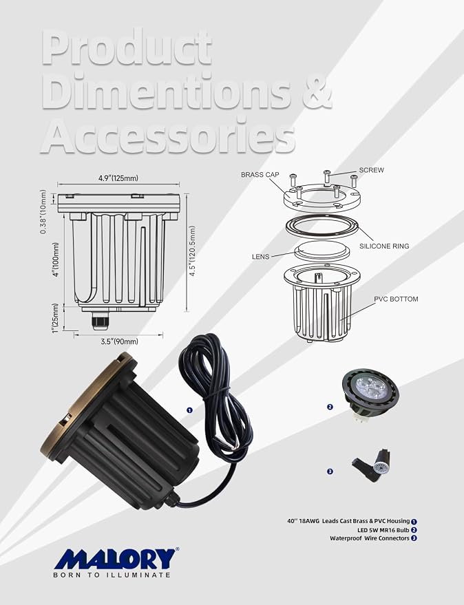 MALORY Low Voltage Landscape Lights, (φ126 mm) Brass Top Cover 12V Outdoor In Ground Lights, LED Well Lighting for Pathway, Driveway, Deck Step and Garden 1 Pack with MR16 Bulb (Flat Top)
