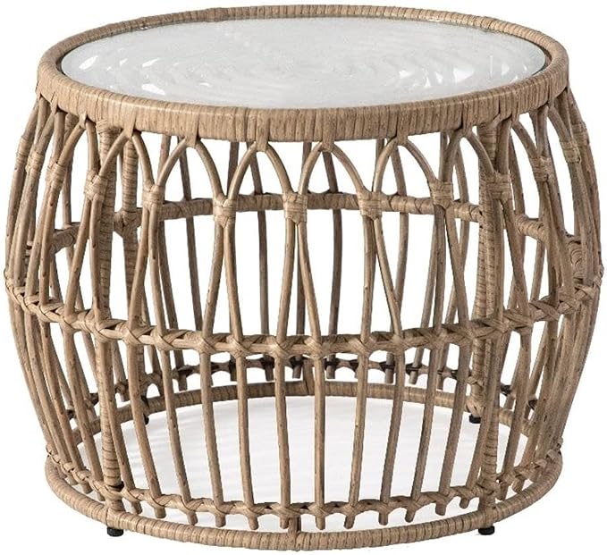 MAKLAINE Round Outdoor Coffee Table, Natural Finish, PE Wicker Rattan with Tempered Glass Top, 21.65" Diameter x 15.75" Height, Boho Coastal Style, Durable Patio or Indoor Furniture