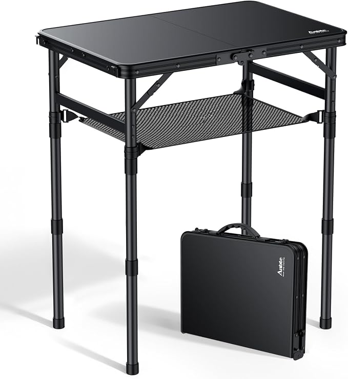 Anbte 2ft Small Folding Camping Table, Waterproof Flat Plastic Tabletop 3 Adjustable Height Portable Camping Table with Storage Net, for Picnic Indoor Outdoor Travel Beach, 22.8" X 15.7", Pure Black