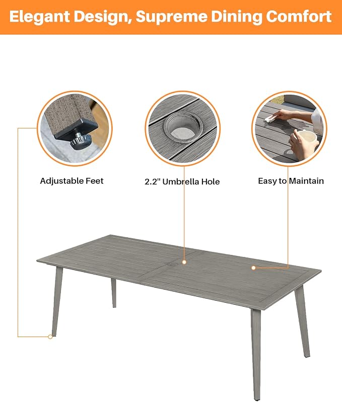 Outdoor Patio Dining Table for 8, Never-Rust Aluminum Outdoor Dining Table with 2.2" Umbrella Hole, 8 Person Patio Dining Table Furniture for Decks, Garden, Porch, Lawn, Limed Oak