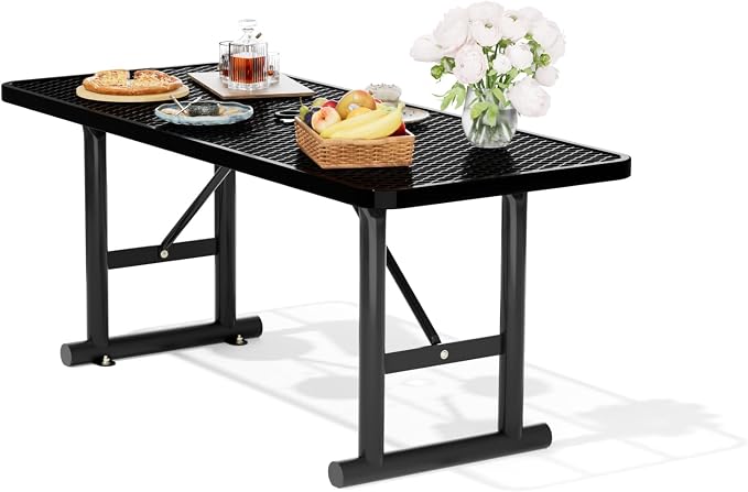 6FT Metal Picnic Tables for Outdoors, Commercial Rectangular Picnic Table for Outside, Park, Campfield, Patio, Garden, Yard, Thermoplastic Coating, Surface Mounted, Black
