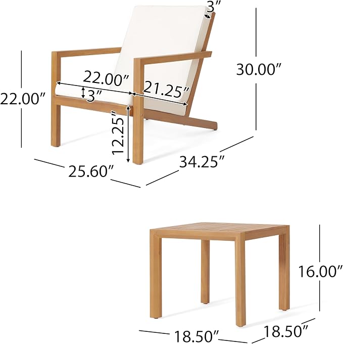 Christopher Knight Home Leah 2-Seater Acacia Wood Outdoor Patio Furniture Set, Outdoor Conversation Chat Set with Cushion, Adirondack Chairs Set of 2 + Side Table Set for Backyard Balcony, Teak+Beige