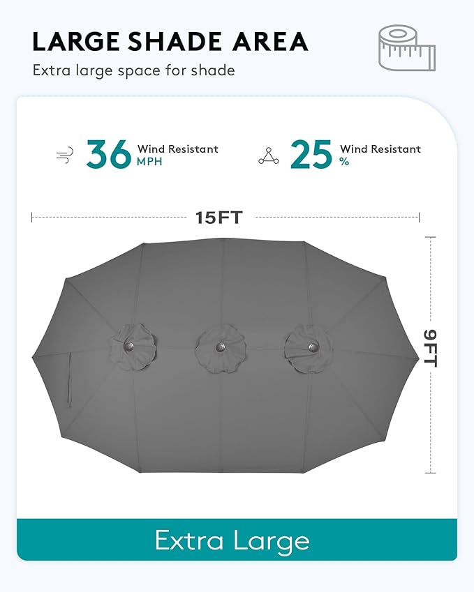 SERWALL 8-Pc HDPE Dining Set, 1 Table, 1 Umbrella & 6 Chairs, Gray | Patio Dining Set with Umbrella, 67"Rectangular Table & 6 Chairs & 15FT Umbrella, All Weather Dining Furniture
